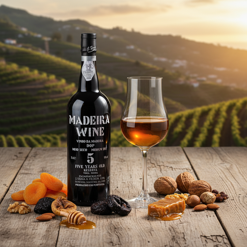 Madeirawein J.Faria 5 Anos 750ml - Rustikaler Tisch mit Trockenfrüchten