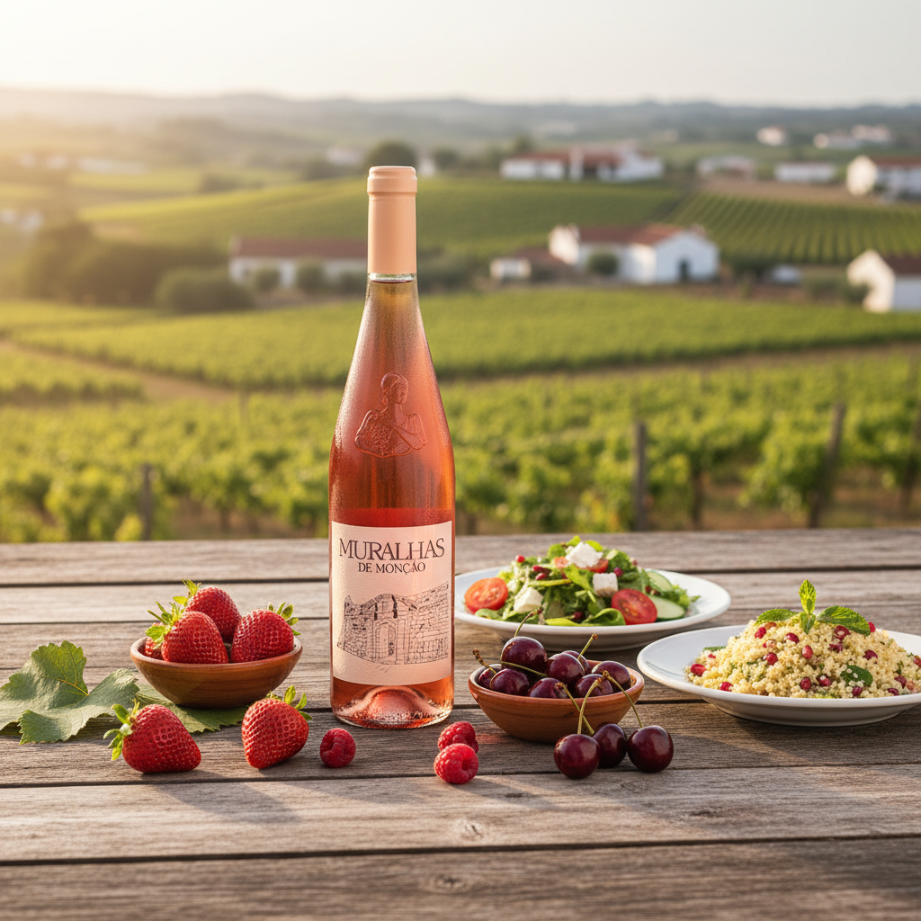 Muralhas Vinho Verde Rosé 750ml - Rustikaler Tisch mit Beeren