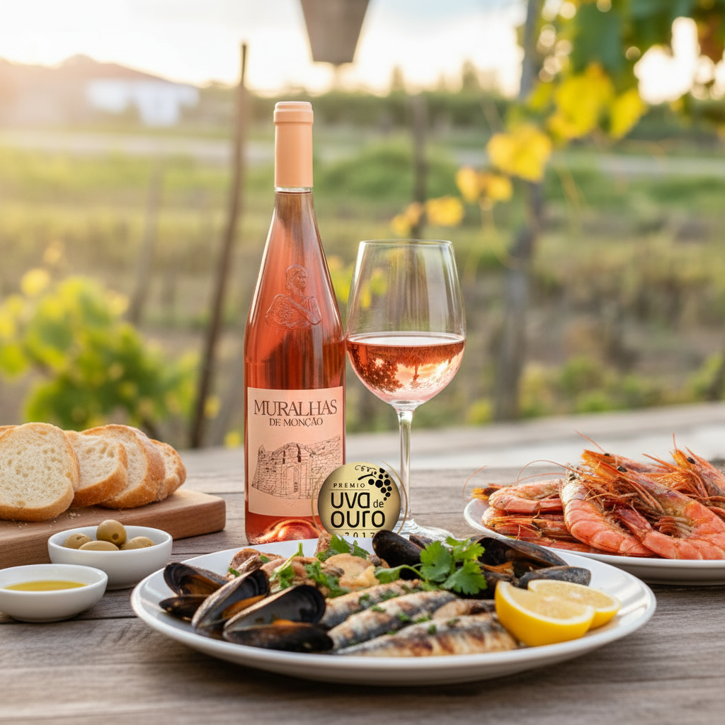 Muralhas Vinho Verde Rosé 750ml - Sommerszene mit Meeresfrüchten