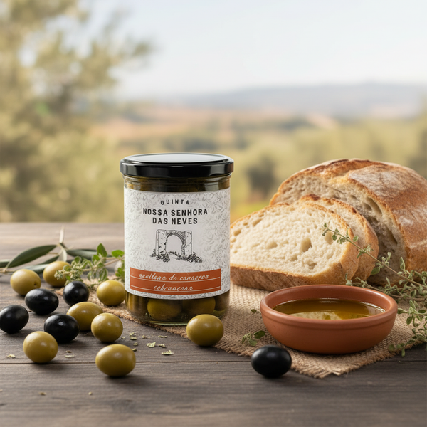 Oliven Cobrançosa 250g - Rustikaler Holztisch - größer