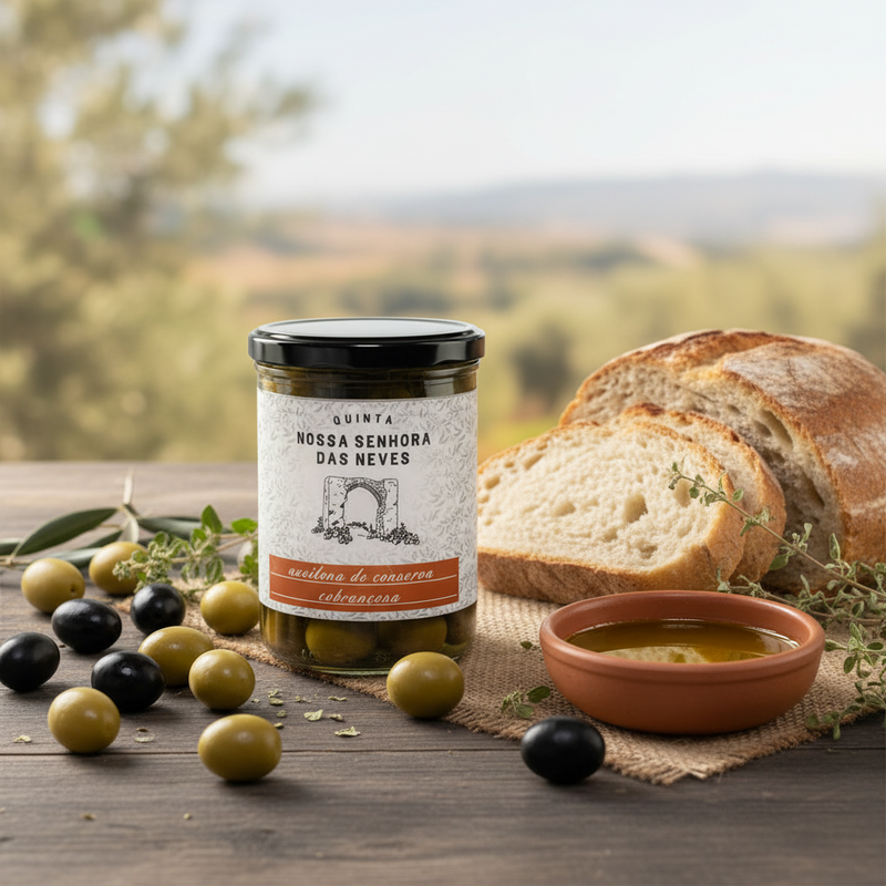 Oliven Cobrançosa 250g - Rustikaler Holztisch - größer